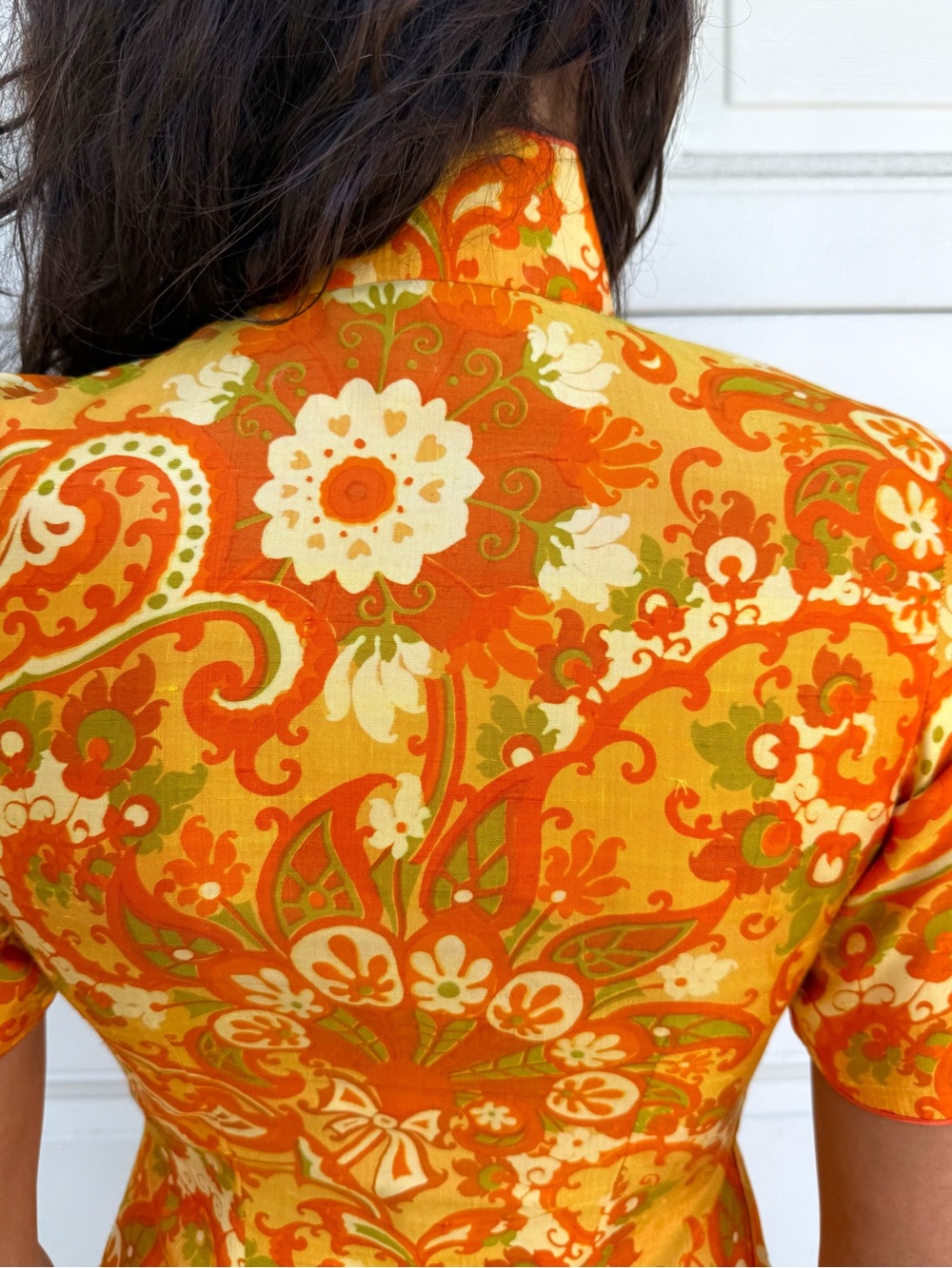 Vintage 60s Orange Raw Silk Floral Midi Dress Cheongsam with Jacket - Picture 13 of 17